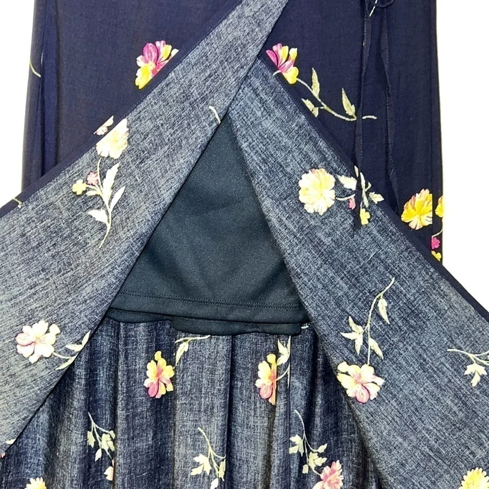 Blue Rain Navy With Pink & Yellow Flowers Faux Wrap Maxi Skirt - Size Medium